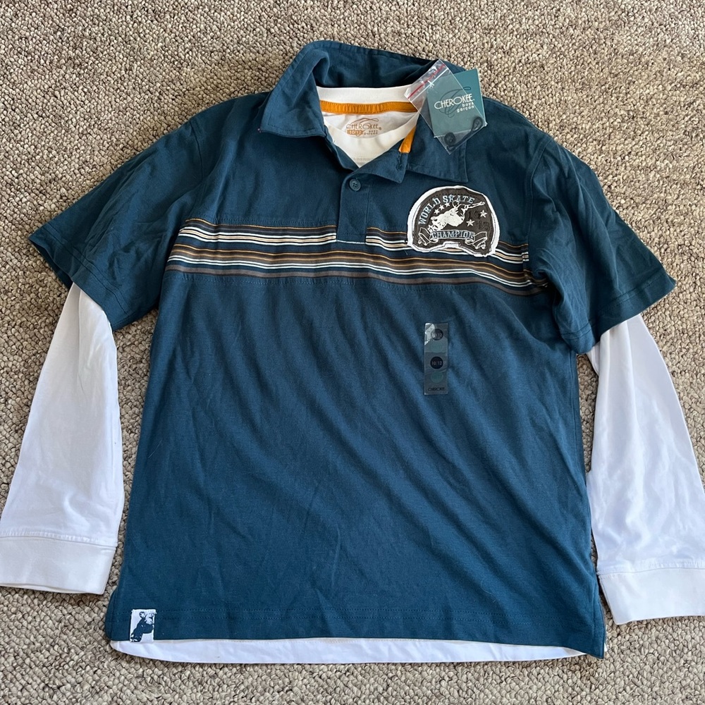 Cherokee Boys 2-1 long-sleeve tshirt & golf shirt, size 10/12, NWT